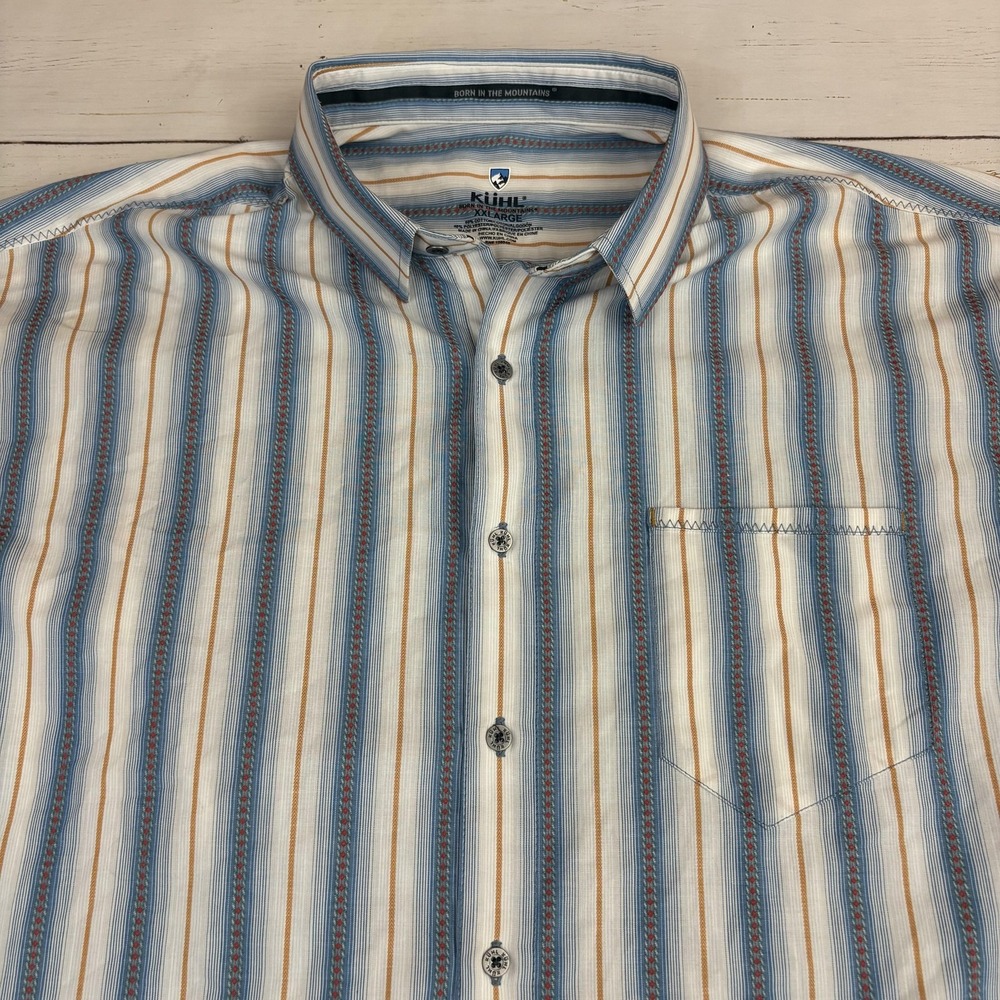 Kuhl Shirt Mens 2XL Blue Striped Cotton Polyester Button-Up Short Sleeve